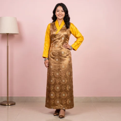 Woman wearing golden brocade bakhu with yellow honju front view full length
