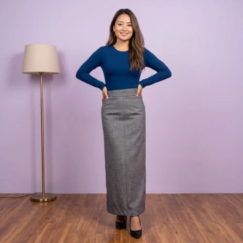 Woman wearing grey crosshatch suiting Half Bakhu skirt full body