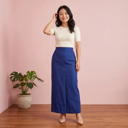Woman wearing indigo suiting Half Bakhu skirt full body