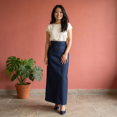 Woman wearing navy suiting Half Bakhu skirt full body