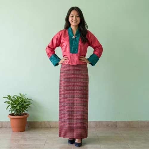 Woman wearing pink Tego with striped kira wrapper side view full length