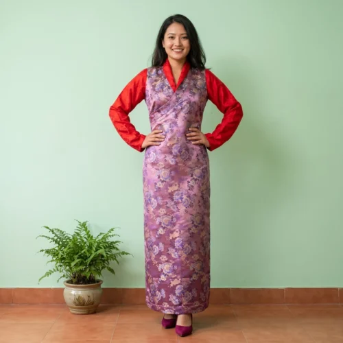 Woman wearing pink floral bakhu with red honju front view full length