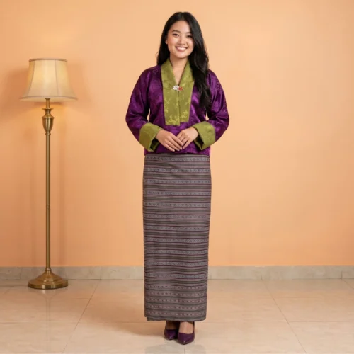 Woman wearing purple Tego with striped kira wrapper front view full length