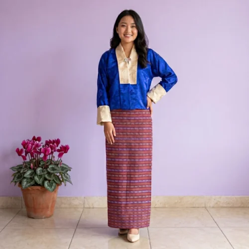 Woman wearing royal blue Tego with striped kira wrapper front view full length