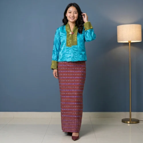 Woman wearing turquoise Tego with striped kira wrapper front view full length
