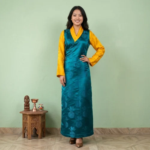 Woman wearing turquoise bakhu with golden honju front view full length