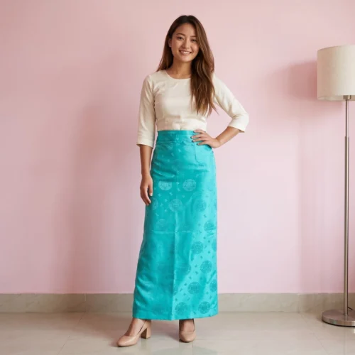 Woman wearing turquoise brocade Half Bakhu skirt full body front view
