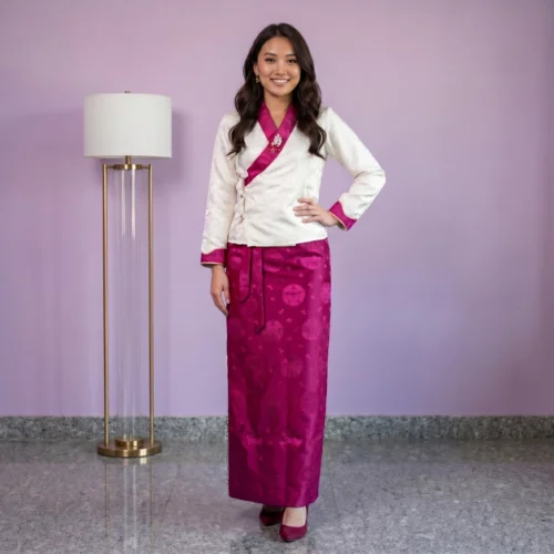 Women in Ivory Fuchsia two piece bakhu set