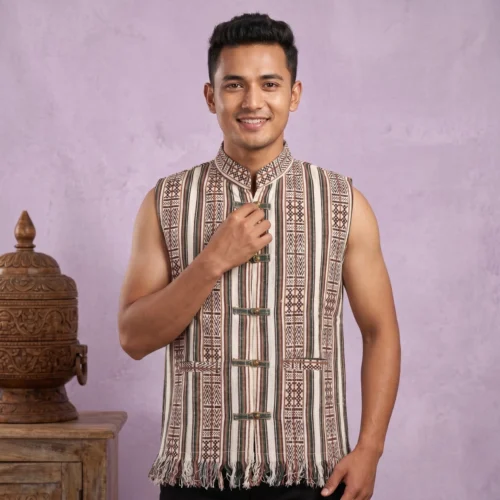 Man Wearing pattern Lepcha sleeveless waistcoat