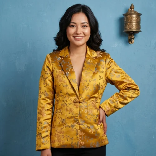 Woman wearing Mustard gold Kuchin coat with floral brocade