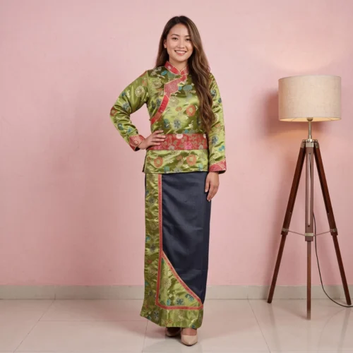 Woman wearing Olive Tamang wrapper set