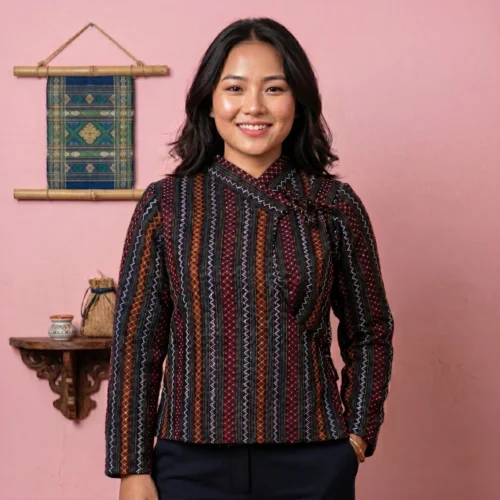 Woman wearing in multi stripe pattern Newari Chaubandi cholo front view with cultural backdrop