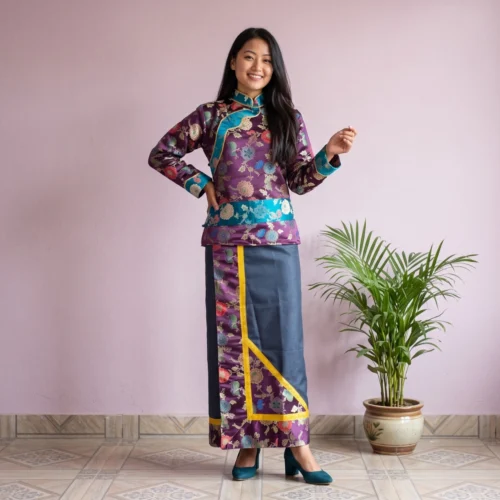 Woman wearing plum Khenja and charcoal Tamang wrapper set