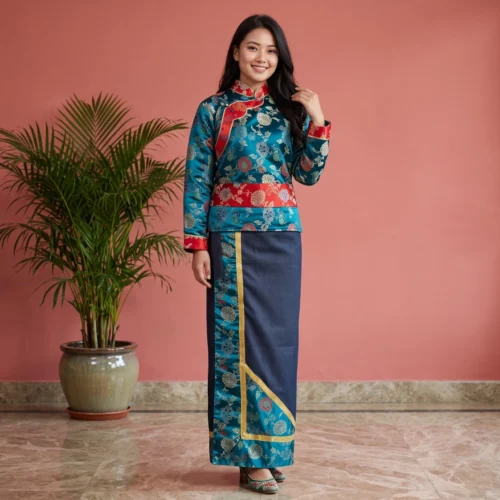 Woman wearing teal brocade Khenja with navy wrapper