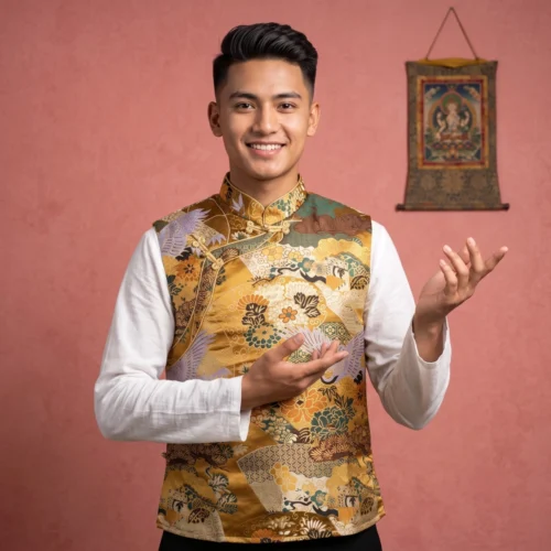golden tibetan brocade jacket for men front view on model