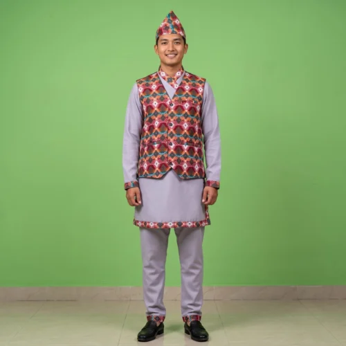 man wearing daura suruwal set with topi and waistcoat front view