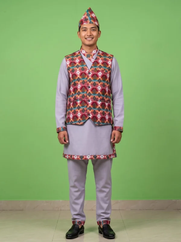 man wearing daura suruwal set with topi and waistcoat front view