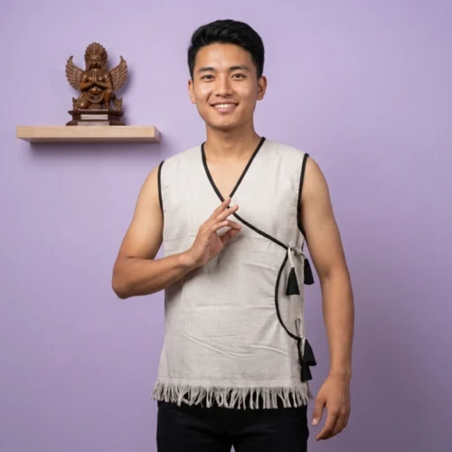 Man wearing natural cotton fenga jacket with black trim front view