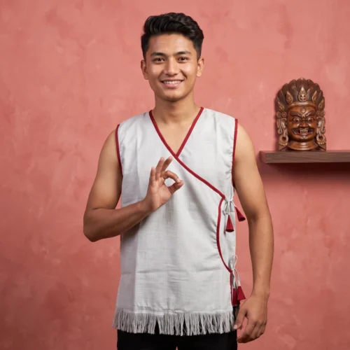 Man wearing Nepali Rai Fenga sleeveless cotton jacket with maroon trim front view