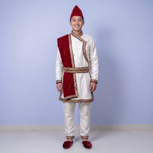 nepali groom wedding outfit ivory daura suruwal with gold zari shawl front view