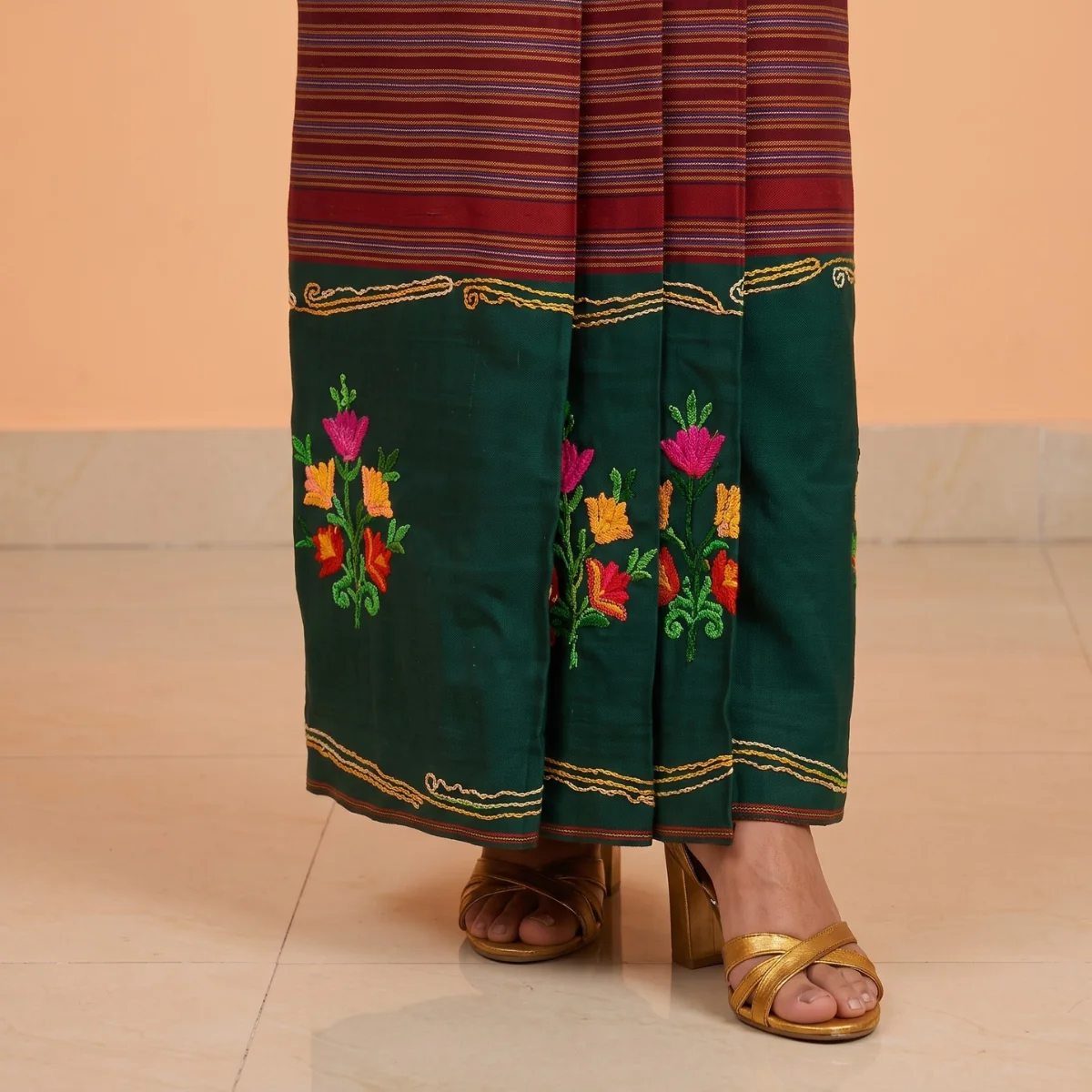 Embroidered Tamang Wrapper — Women's Phariya Skirt 4 Green tamang phariya skirt embroidered flower panel hem close-up