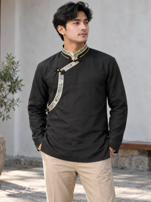 Man wearing black tibetan shirt for men front view
