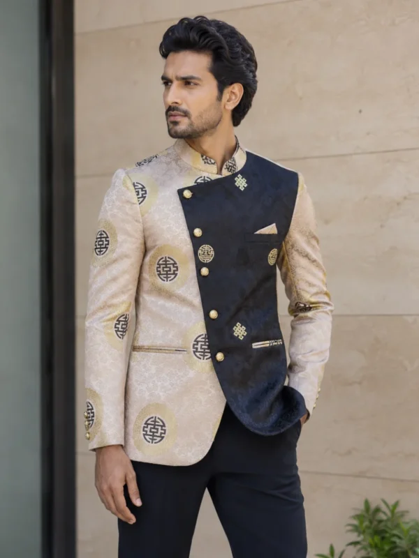 Man wearing champagne brocade tibetan coat for men front view