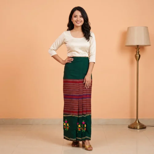 Woman wearing green embroidered tamang wrapper phariya, front view