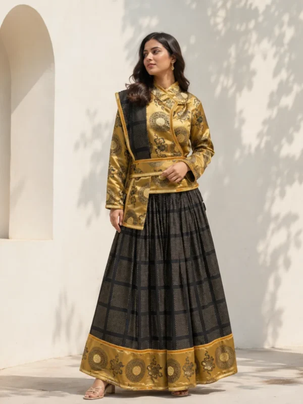 Woman wearing gurung lehenga set front view