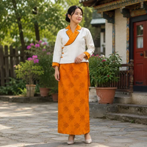 Woman wearing ivory and marigold two piece chuba set front view