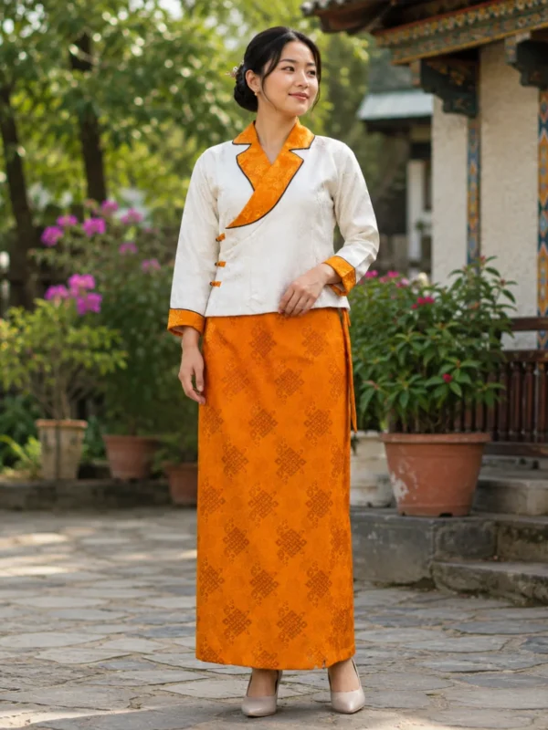 Woman wearing ivory and marigold two piece chuba set front view