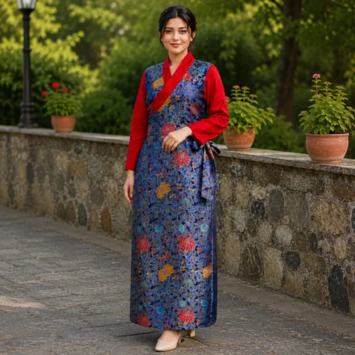 Woman wearing navy blue tibetan brocade wrap dress with red sleeves front view