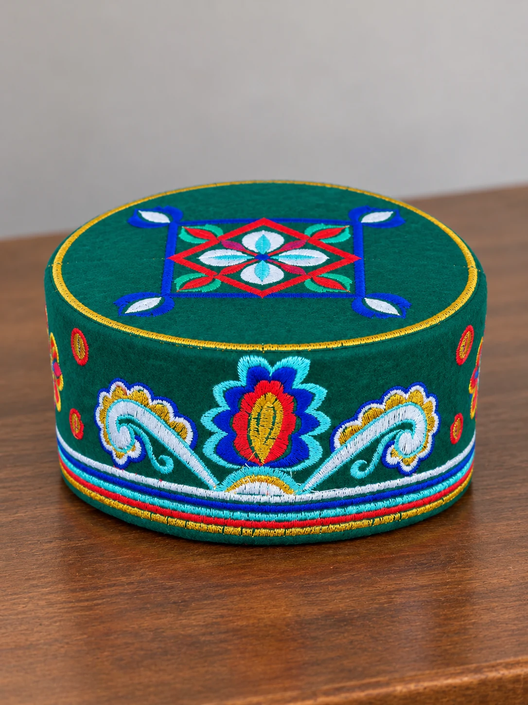 Embroidered Velvet Tamang Topi for Men 12 Emerald embroidered velvet topi product shot