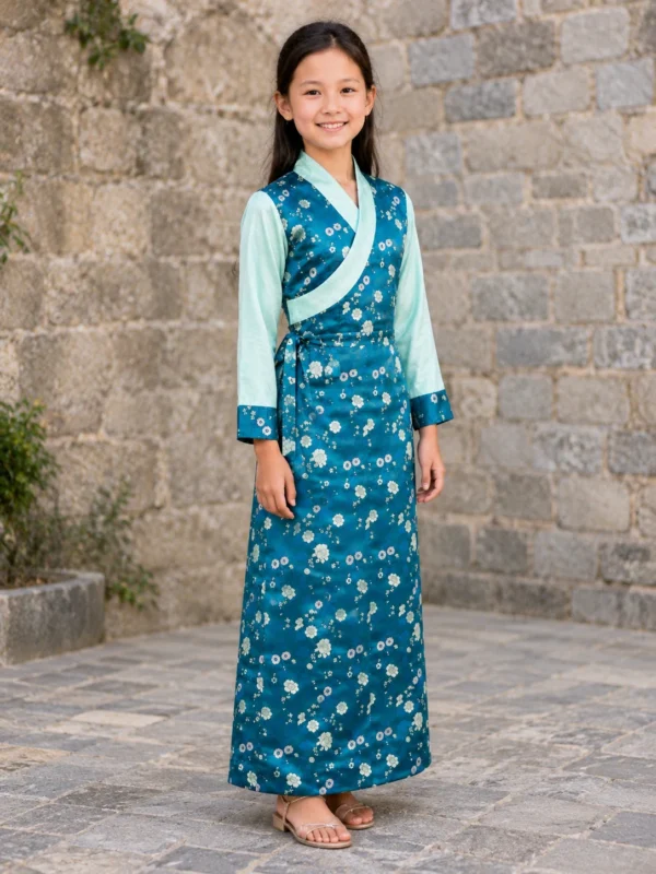 Girl wearing sea blue kids bakhu tash kuchin one piece with wonju front view