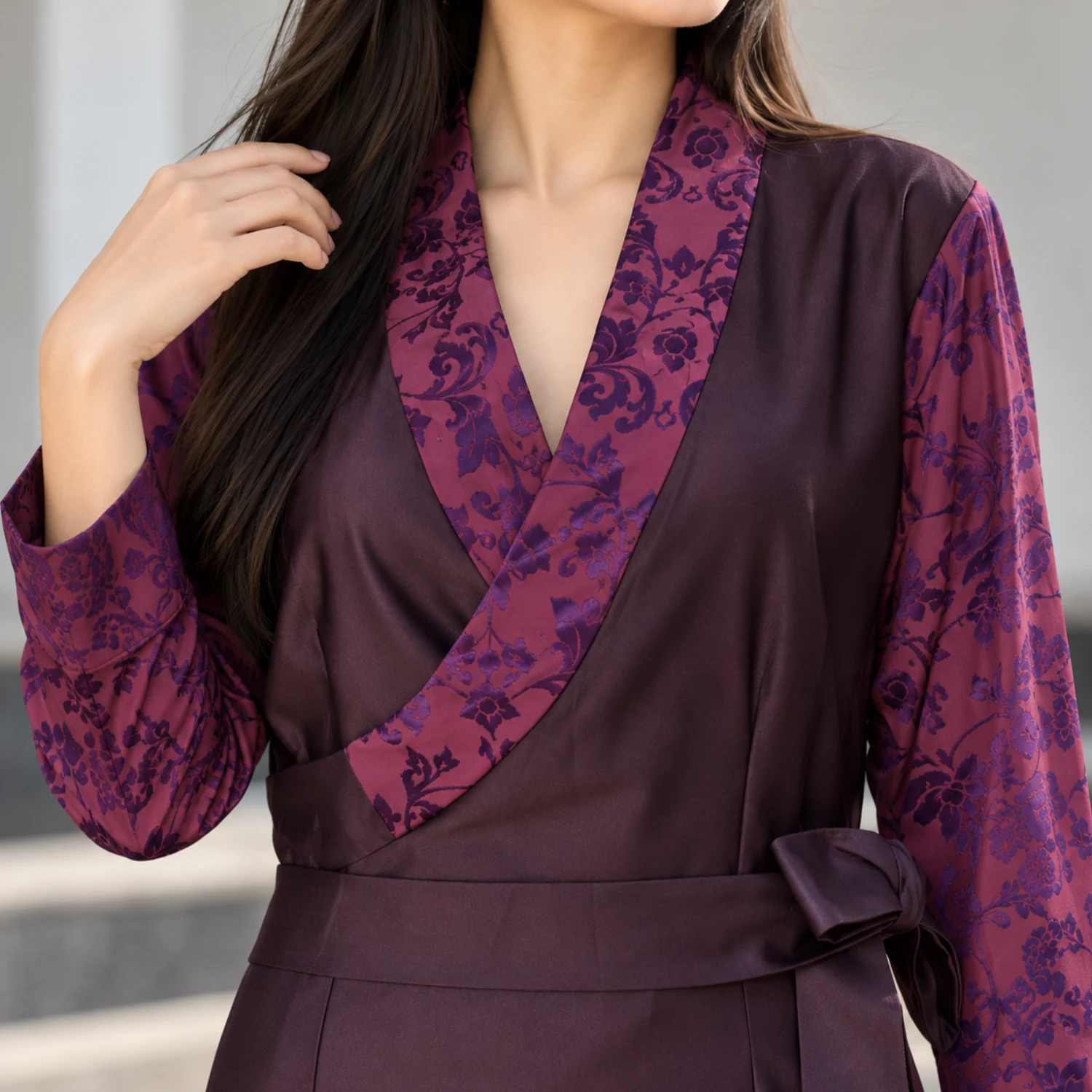 Bhutia Bakhu Dress with Floral Honju Sleeves 5 Magenta floral honju lapel and sleeve close up