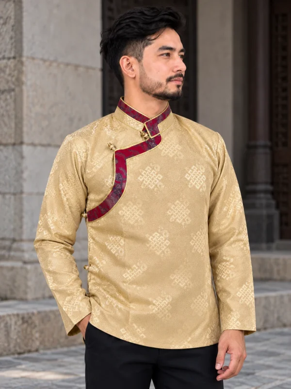 Man wearing beige jacquard khenja front view outdoors