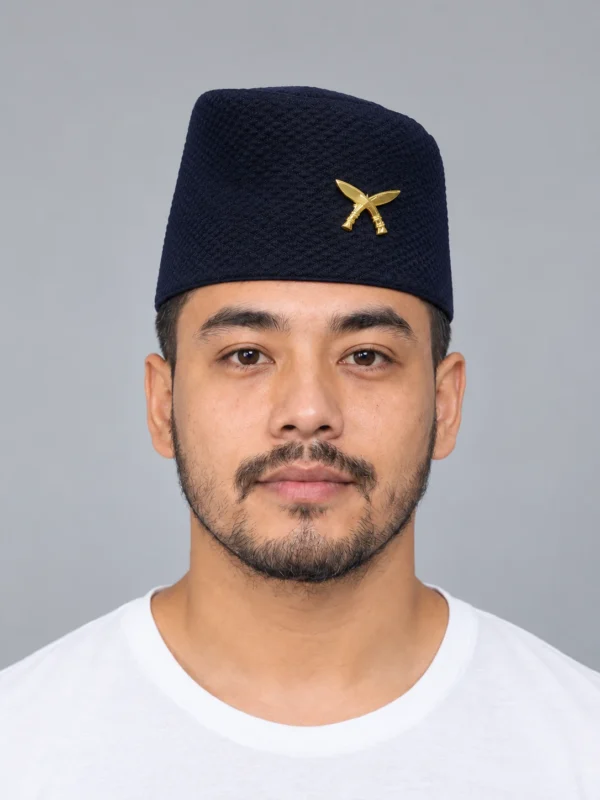 Man wearing black gorkha topi front view