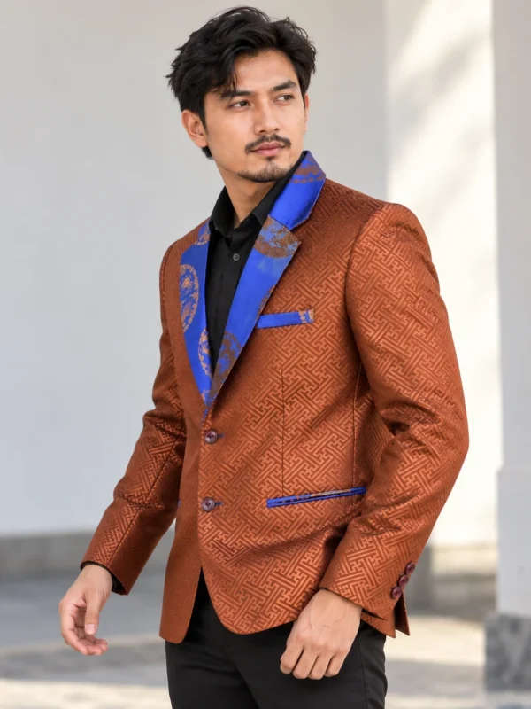 Man wearing copper brocade blazer for men tash kuchin contrast lapel front view