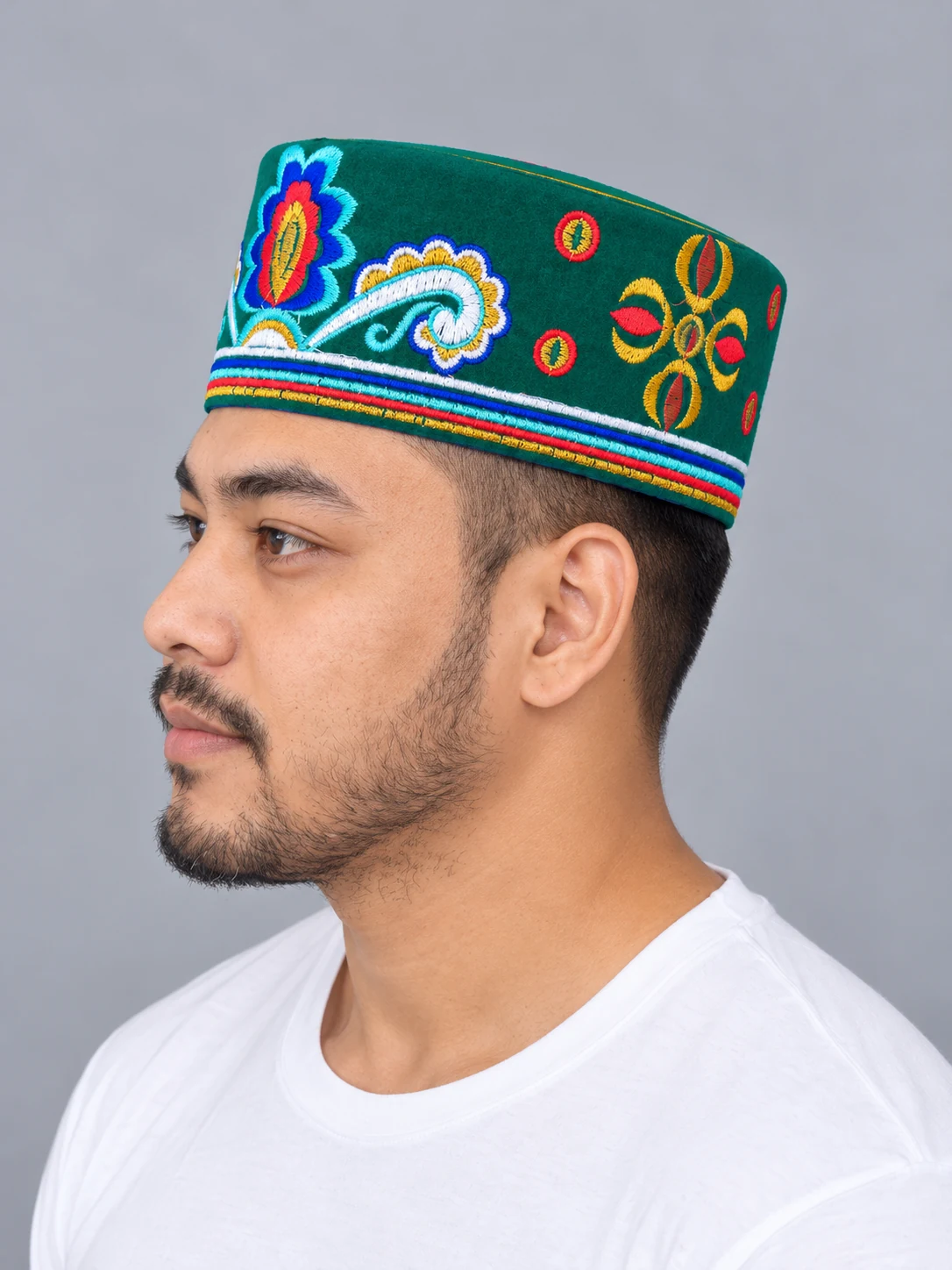 Embroidered Velvet Tamang Topi for Men 9 Man wearing emerald embroidered velvet topi side view