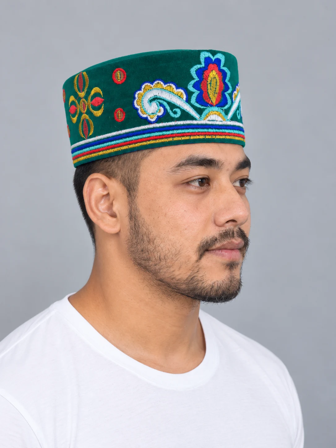 Embroidered Velvet Tamang Topi for Men 8 Man wearing emerald embroidered velvet topi three quarter view