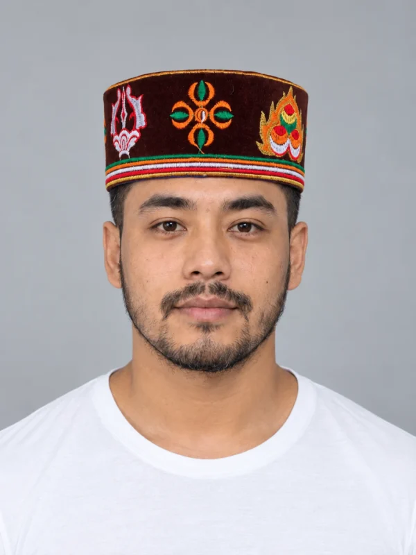 Man wearing maroon tamang hat front view