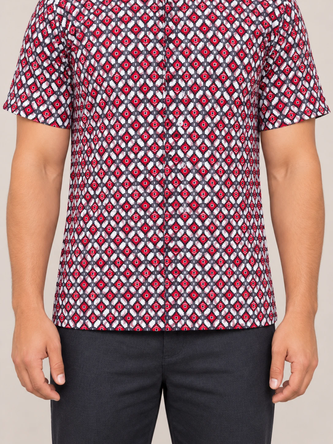 Half Sleeve Nepali Shirt for Men in Dhaka Print Cotton 7 Man wearing red and navy dhaka print short sleeve shirt front close up