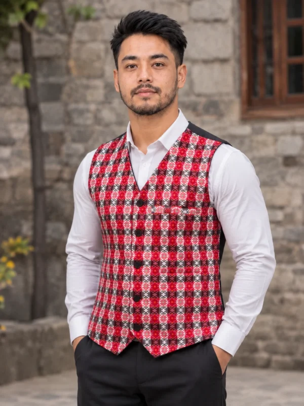 Man wearing red check dhaka waistcoat for men nepali kot front view