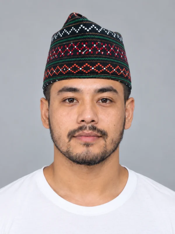 Man wearing red diamond band newari topi front view