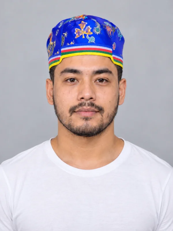Man wearing royal blue tamang topi front view