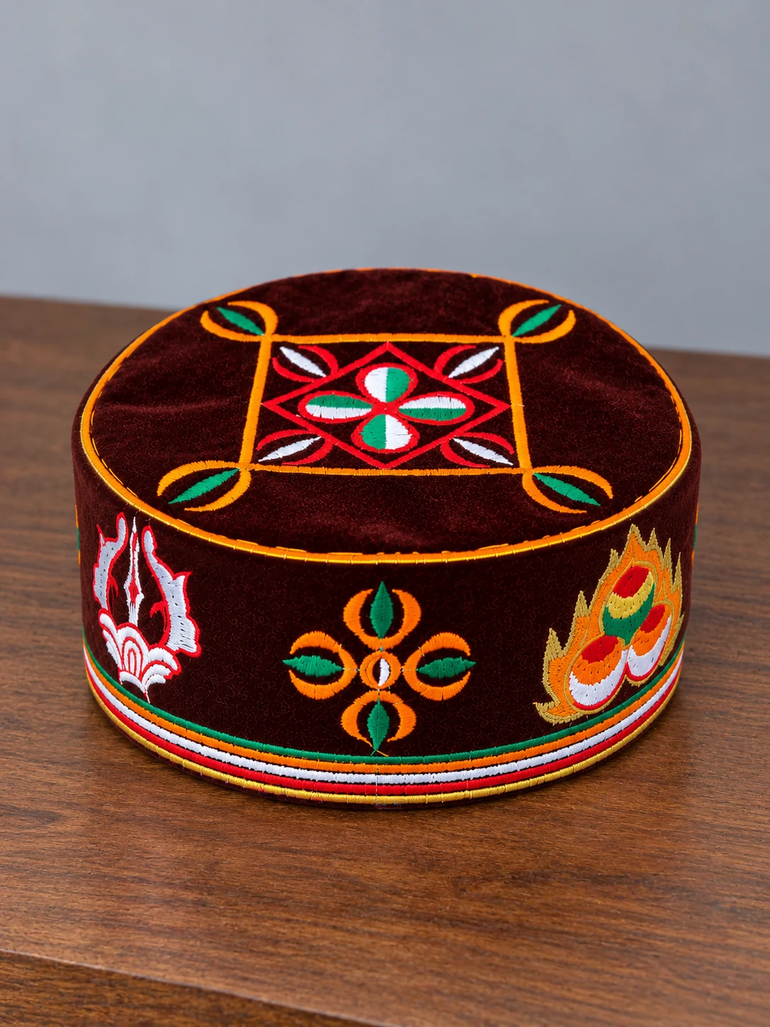 Embroidered Velvet Tamang Topi for Men 6 Maroon embroidered velvet topi product shot