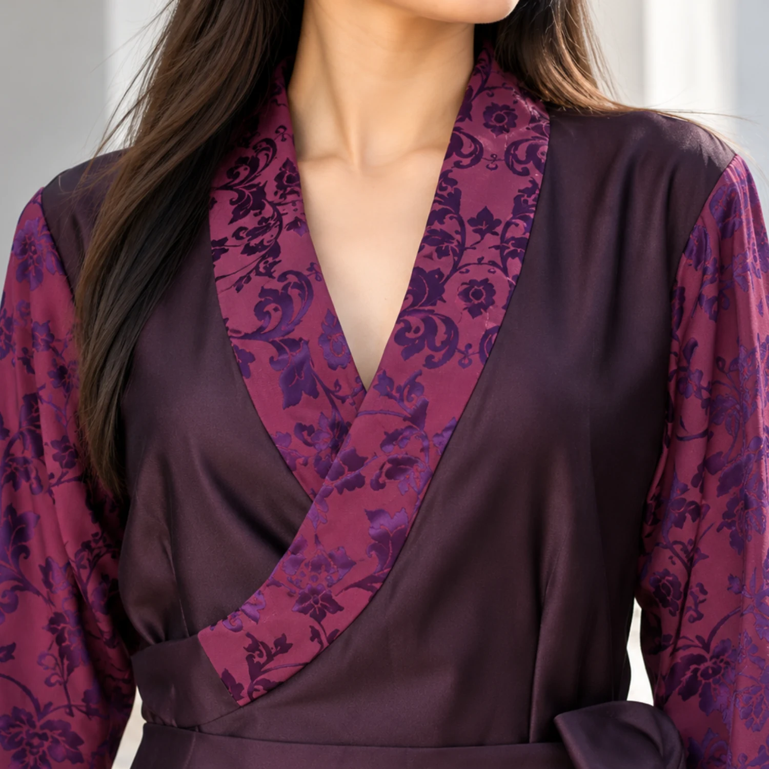 Bhutia Bakhu Dress with Floral Honju Sleeves 6 Narrow floral lapel crossing plum suiting close up