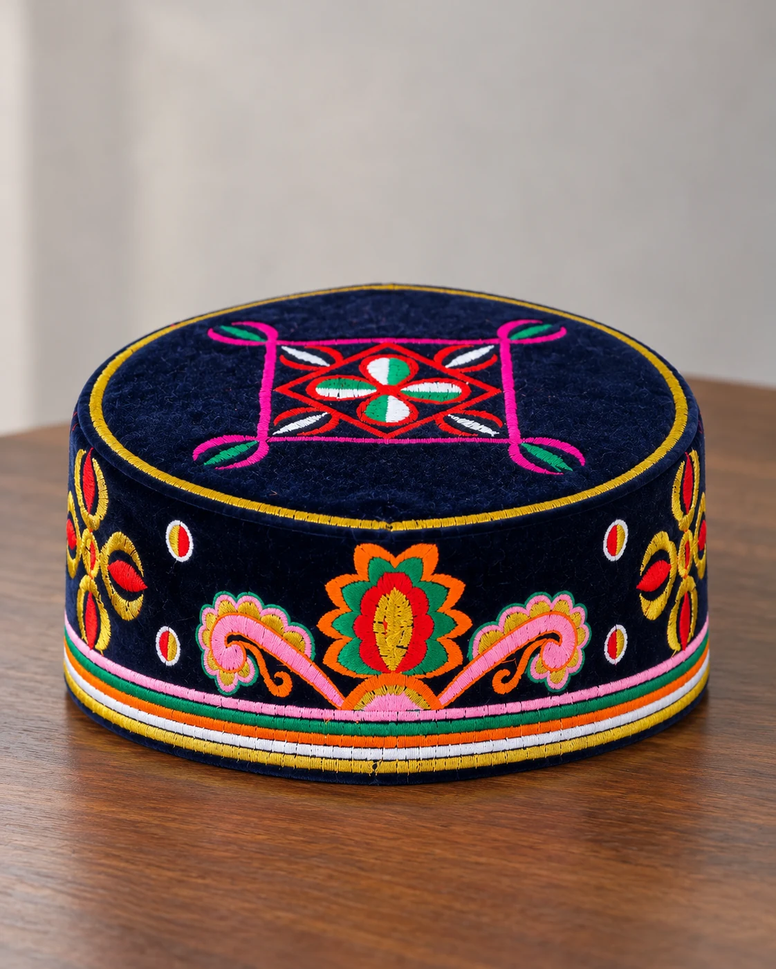 Embroidered Velvet Tamang Topi for Men 17 Navy blue embroidered velvet topi product shot
