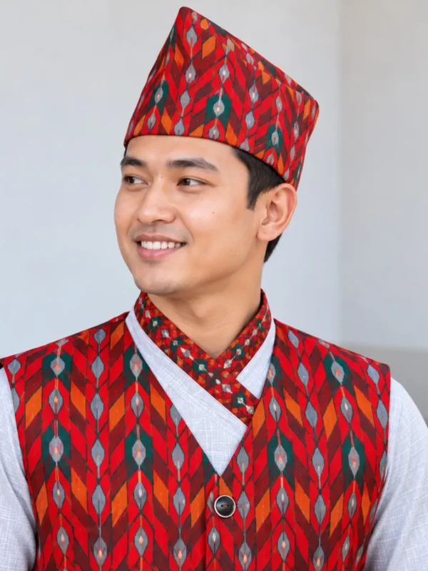 Nepali Daura Suruwal Set with Dhaka Topi and Waistcoat – Red Dhaka, view 1
