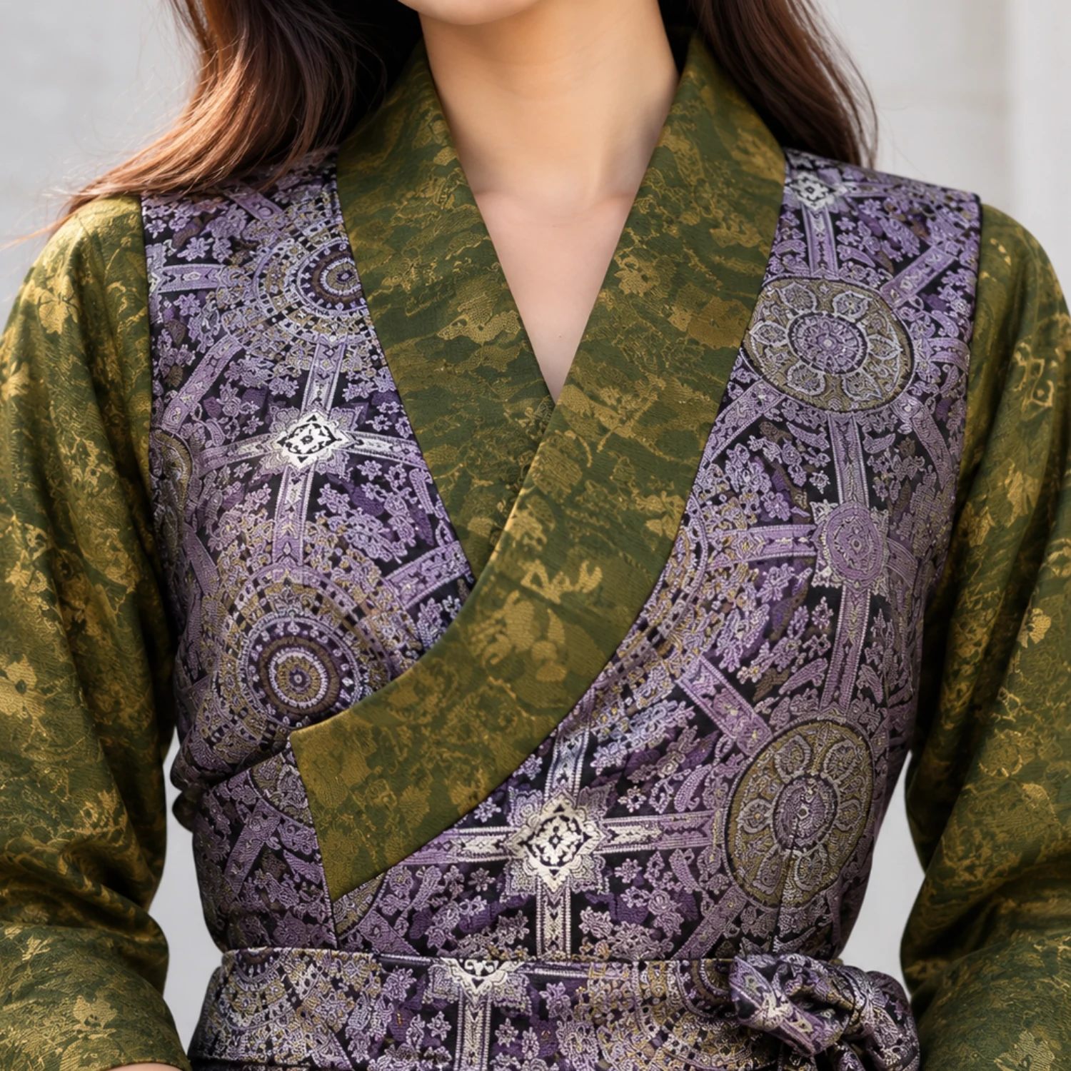 Tamang Kuchin Bakhu with Three-Quarter Honju Sleeves 6 Olive floral honju lapel on roundel brocade close up